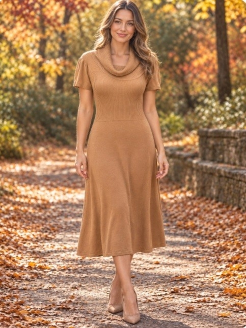 Calvin Klein Tan Cowl Neck Short Sleeve Sweater Dress Medium Business Career